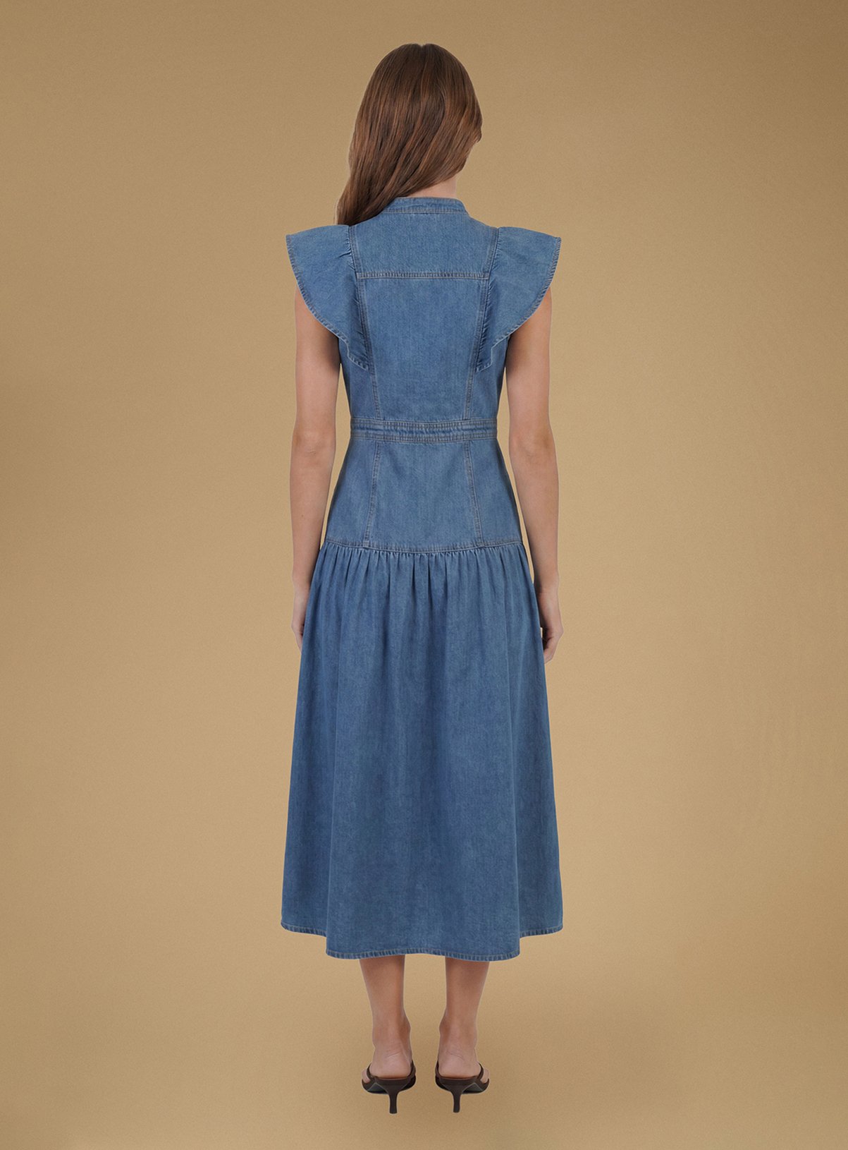 OASIS Ruffle Denim Midi Dress Mid Denim 10 - Image 2 thumbnail